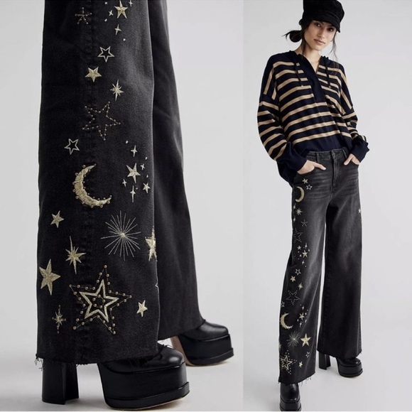 NWT DRIFTWOOD FREE PEOPLE CHARLEE CELESTIAL EMBROIDERY STUDS 32” JEANS 🌖 - Picture 10 of 10